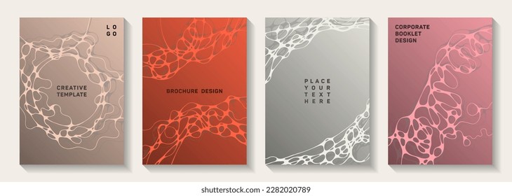 Biotechnology and neuroscience vector covers with neuron cells structure. Curly curve lines blend backgrounds. Tracery banner vector layouts. Laboratory research report covers.