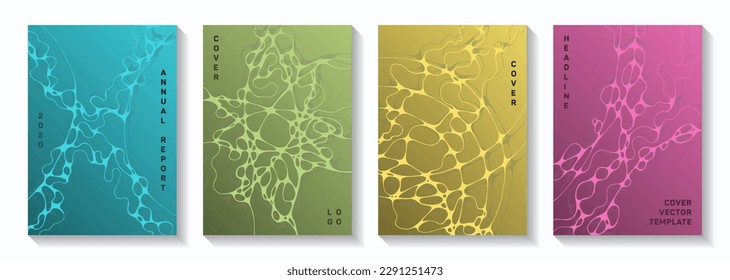Biotechnology and neuroscience vector covers with neuron cells structure. Smooth waves rete backgrounds. Creative notebook vector templates. Microbiology science covers.