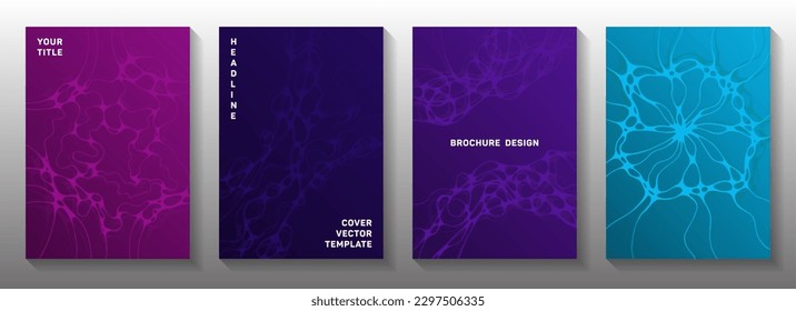Biotechnology and neuroscience vector covers with neuron cells structure. Dynamic waves stream backgrounds. Soft title page vector layouts. Neurology scientific covers.