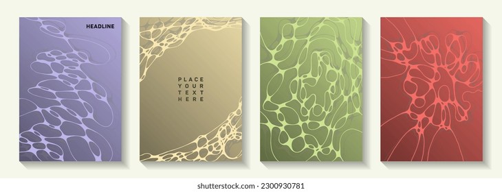 Biotechnology and neuroscience vector covers with neuron cells structure. Smooth curve lines tissue backgrounds. Modern notebook vector layouts. Scientific biotechnology covers.