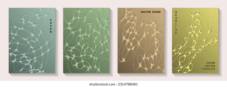 Biotechnology and neuroscience vector covers with neuron cells structure. Intersecting curve lines surface backgrounds. Trendy brochure vector templates. Scientific biotechnology covers.