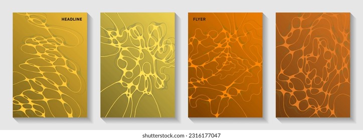 Biotechnology and neuroscience vector covers with neuron cells structure. Crossed curve lines plexus textures. Flat brochure vector templates. Healthcare and hygiene covers.