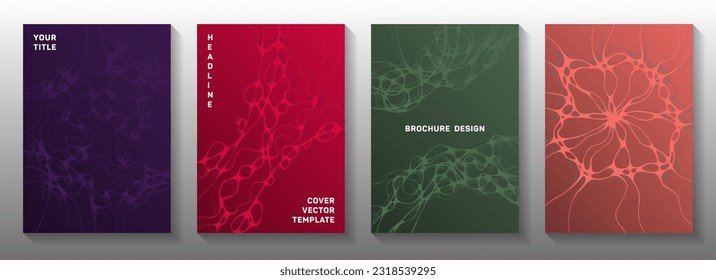 La biotecnología y la neurociencia cubre vectores con estructura de células neuronales. Las ondas redondeadas fluyen hacia atrás. Diseños vectoriales de revistas elegantes. Portadas científicas de neurología.