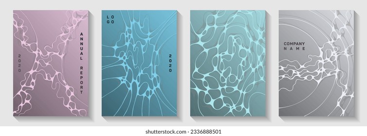 Biotechnology and neuroscience vector covers with neuron cells structure. Complex waves stream textures. Trendy title page vector templates. Healthcare and hygiene covers.