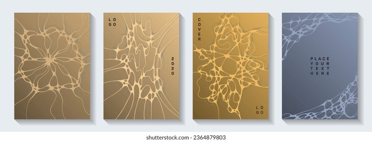 Biotechnology and neuroscience vector covers with neuron cells structure. Overlapping waves weave backdrops. Openwork brochure vector layouts. Chemistry or physics covers.