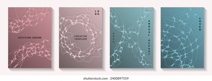 Biotechnology and neuroscience vector covers with neuron cells structure. Liquid curve lines connection textures. Flat banner vector layouts. Microbiology science covers.