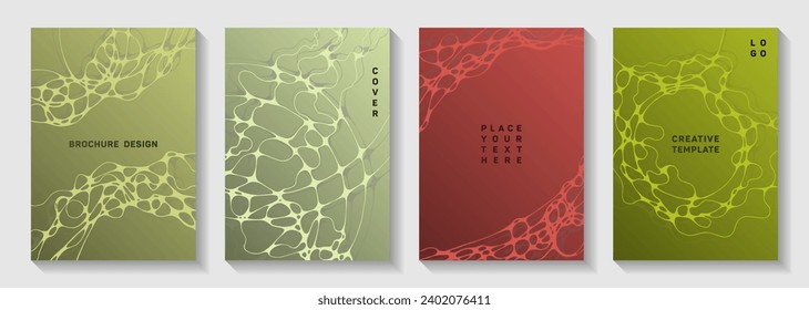 La biotecnología y la neurociencia cubre vectores con estructura de células neuronales. Curva las líneas de curva de las texturas de burbuja. Plantillas vectoriales mínimas de página de título. Cubiertas sanitarias e higiénicas.