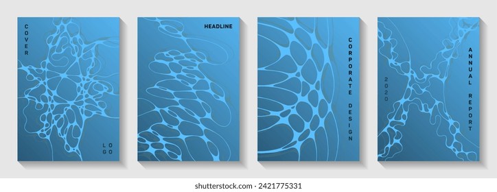 Biotechnologie und neurowissenschaftliche Vektorgrafiken decken sich mit der Struktur der Neuronen-Zellen. Curly-Kurvenlinien geben Hintergründe wieder. Minimalistische Titelseiten-Vektorgrafiken-Layouts. Chemie- oder Physikabdeckungen.