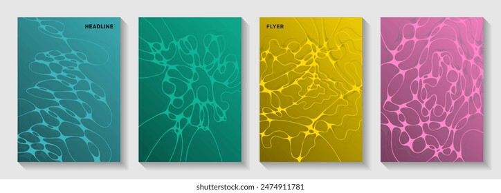 Biotechnology and neuroscience vector covers with neuron cells structure. Curly waves geometry textures. Creative notebook vector layouts. Chemistry or physics covers.