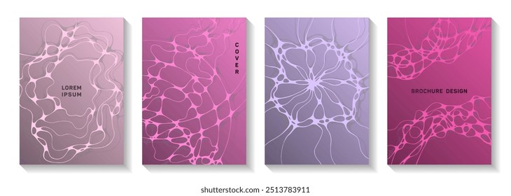 Biotechnology and neuroscience vector covers with neuron cells structure. Curly curve lines pattern backgrounds. Futuristic brochure vector layouts. Anatomy, biology, medicine covers.