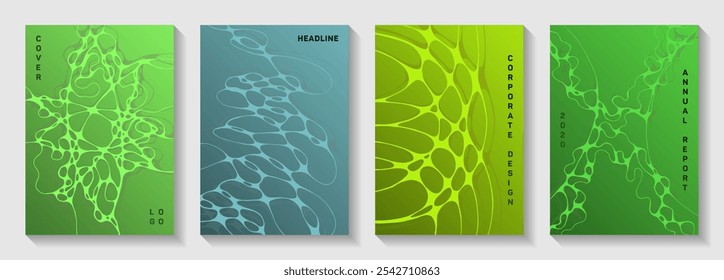 Biotechnology and neuroscience vector covers with neuron cells structure. Fluid curve lines connection backgrounds. Subtle banner vector layouts. Neuroscience covers design.