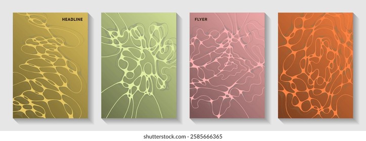 Biotechnology and neuroscience vector covers with neuron cells structure. Mobile curve lines weave backdrops. Openwork notebook vector templates. Chemistry or physics covers.