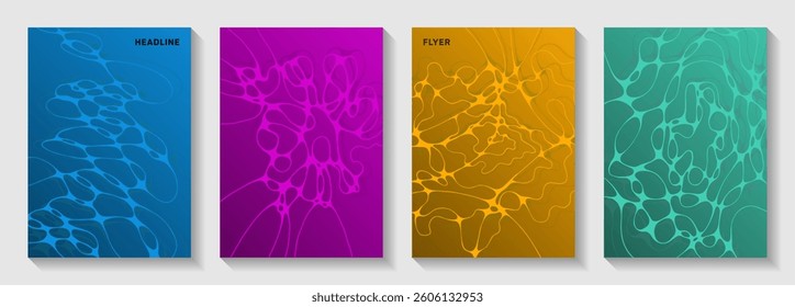 Biotechnology and neuroscience vector covers with neuron cells structure. Bent curve lines fusion backdrops. Trendy magazine vector templates. Healthcare and hygiene covers.