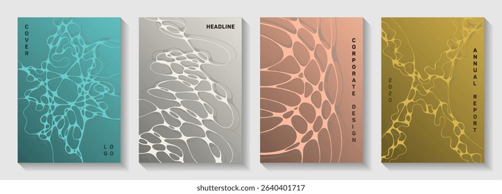 Biotechnology and neuroscience vector covers with neuron cells structure. Fluid curve lines weave backgrounds. Subtle banner vector templates. Healthcare and hygiene covers.