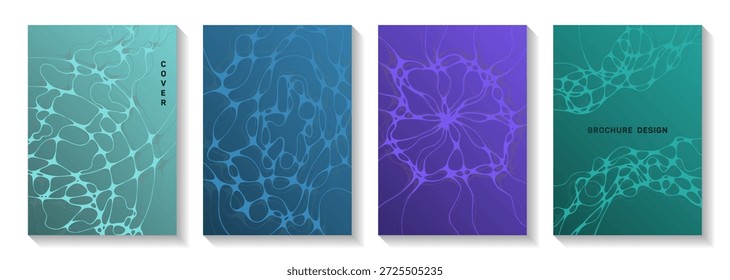 Biotechnology and neuroscience vector covers with neuron cells structure. Rounded waves meshwork textures. Vivid banner vector templates. Neurology scientific covers.