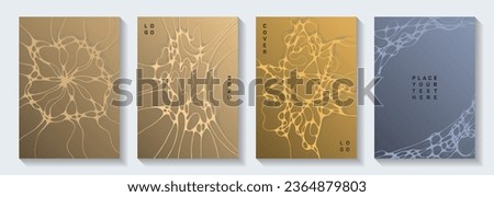 Biotechnology and neuroscience vector covers with neuron cells structure. Overlapping waves weave backdrops. Openwork brochure vector layouts. Chemistry or physics covers.