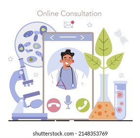 Servicio o plataforma en línea de biotecnología. Investigación celular y biomolecular. Clonación terapéutica o comercial de animales. Consulta en línea. Ilustración vectorial plana