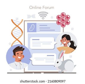 Biotechnologie-Online-Dienst oder -Plattform. Zelluläre und biomolekulare Forschung. therapeutisches oder kommerzielles Klonen von Tieren. Online-Forum. Flache Vektorgrafik