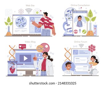 Biotechnology online service or platform set. Cellular and biomolecular research. Therapeutic or commercial animal cloning. Online forum, video blog, consultation, website. Flat vector illustration