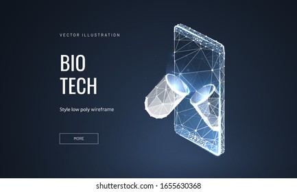 Biotechnology, pharmacy low poly wireframe landing page template. Pharmaceutics science web banner. 3d pill and cellphone polygonal illustration. Capsule and smartphone mesh art homepage design layout