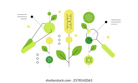 Biotechnology. Plant modification for modern industrial needs. Flat illustration. Vector file.