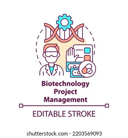 Biotechnology Project Management Concept Icon. Scientific Specialist Abstract Idea Thin Line Illustration. Isolated Outline Drawing. Editable Stroke. Arial, Myriad Pro-Bold Fonts Used