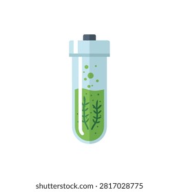 Biotechnology research concept showing a test tube filled with green liquid and aquatic plant sprigs