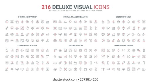 Biotechnology research and experiment, language school line icon set. Development of future digital technology, data transformation, smart devices thin black and red outline symbol vector illustration