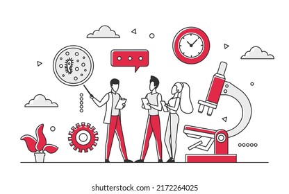 Biotechnologie-Forschung und Laboruntersuchungen. Mikroskop-Analyse lebender Organismen, Vektormonocolor-Illustration