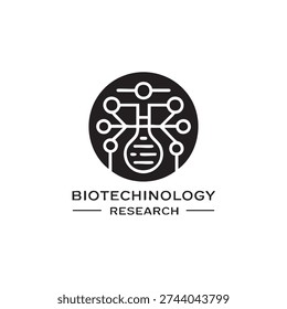 Biotechnology research logo design features a stylized chemistry flask connected to a surrounding node network inside a solid circle emphasizing scientific exploration and laboratory innovation.