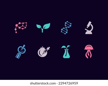 Biotechnology research vector icon set. Scientific symbols, biotech conceptual emblems.