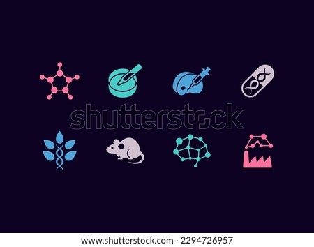 Biotechnology research vector icon set. Scientific symbols, biotech conceptual emblems.