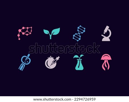 Biotechnology research vector icon set. Scientific symbols, biotech conceptual emblems.
