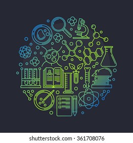 Biotechnology round vector illustration - vector education or science glossy symbol made with thin icons