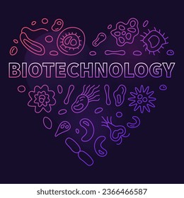 Biotechnology Science concept line vector heart shaped colored banner or illustration with dark background