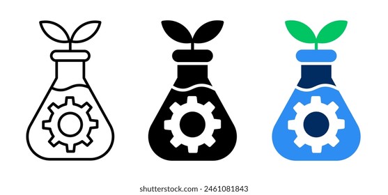 Biotecnología ciencia vaso de vidrio engranaje iconos conjunto diseño Vector. Ilustración de estilo forrado, sólido y plano.	
