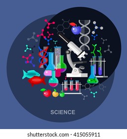 Biotechnology science icons concept, composition of genetic engineering, nanotechnology and genetic modification with microscope