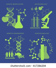 Biotechnology science icons concept, composition of engineering science, nanotechnology and genetic modification with microscope