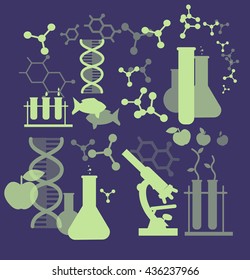 Biotechnology science icons concept, composition of genetic engineering science, nanotechnology science and genetic modification science with microscope