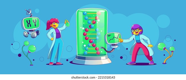 Biotechnology science research, genetic experiments, genome analysis concept. Women scientists work with DNA molecule model, computers and flasks, vector illustration in contemporary style