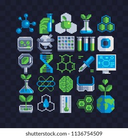 Biotechnology. Scientific pixel art 80s style icons set. Logos for pharmacy, science, medicine, technology, education and health. Isolated vector illustration. 8-bit. Design stickers, mobile app. 