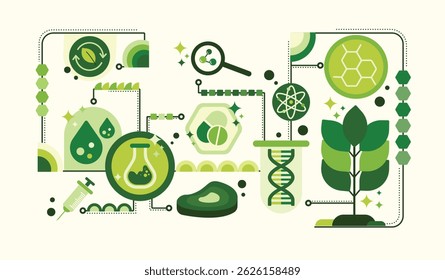 Biotechnology and scientific research concept. Includes components such as plants, DNA, molecules, test tubes, syringes. Medicals production and bioengineering. Web banner template, flat vector design