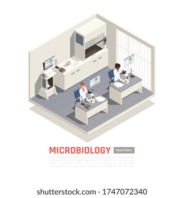 Biotechnology scientists working with microscopes in laboratory 3d isometric vector illustration