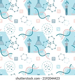 Biotechnology, seamless pattern. Structures of various plants. Science, bio research, genetic engineering to create new plant species. Texture template. DNA test, chemistry elements and symbol. Vector