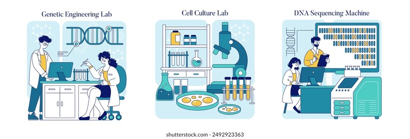 Biotechnologie-Set. Forscher arbeiten in Laboren zu Gentechnik, Zellkultur und DNA-Sequenzierung. In: Wissenschaft Innovation and Discovery. Vektorillustration.