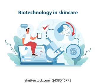 Biotechnology in skincare illustration. Merging cellular research with beauty regimes. Innovating for tailored skincare solutions. Vector illustration.