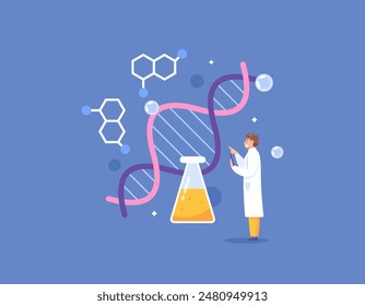 Biotechnologie: die Verwendung lebender Organismen oder Zellen zur Herstellung von Waren und Dienstleistungen. DNA-Zellexperiment oder -modifikation. Darstellung eines Wissenschaftlers mit einem Erlenmeyerkolben. Konzept