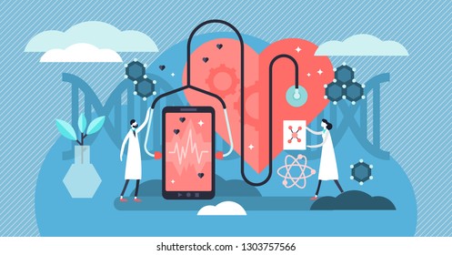 Ilustración vectorial de biotecnología. Pequeño concepto de ciencia de la biología del ADN. Aplicación de monitoreo y diagnóstico de inteligencia artificial de dispositivos inteligentes. Análisis de la mejora de la salud de la tecnología médica.