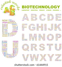 BIOTECHNOLOGY. Vector letter collection. Illustration with different association terms.