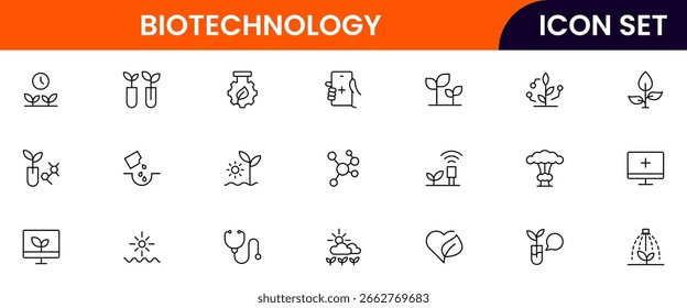 Biotechnology vector line icons featuring DNA strands, microscopes, test tubes, genetic engineering, lab equipment, research, cells, molecules, and scientific innovation.
